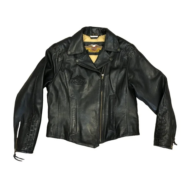 Vintage Women’s Fitted Harley Davidson Black Leather Biker Jacket Size 40/12 W - Picture 1 of 16